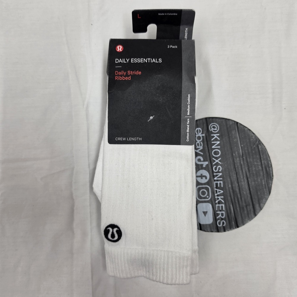 Lululemon Daily Stride Ribbed Crew Sock 3-Pack White Black Mens Size L 9.5-12